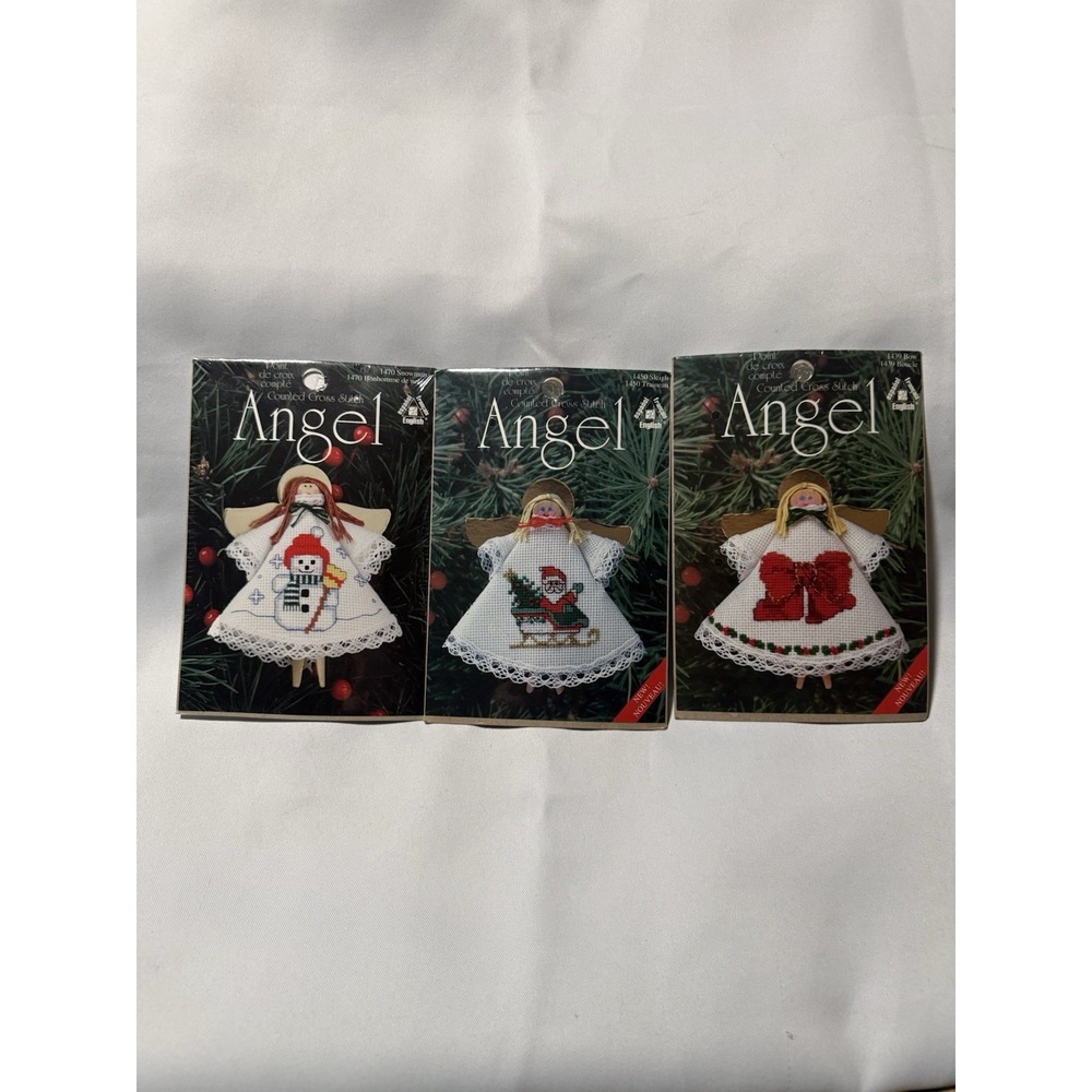 ANGEL CROSS STITCH Clothespin Christmas Ornament Kits Lot 3 Snowman, Santa Bow